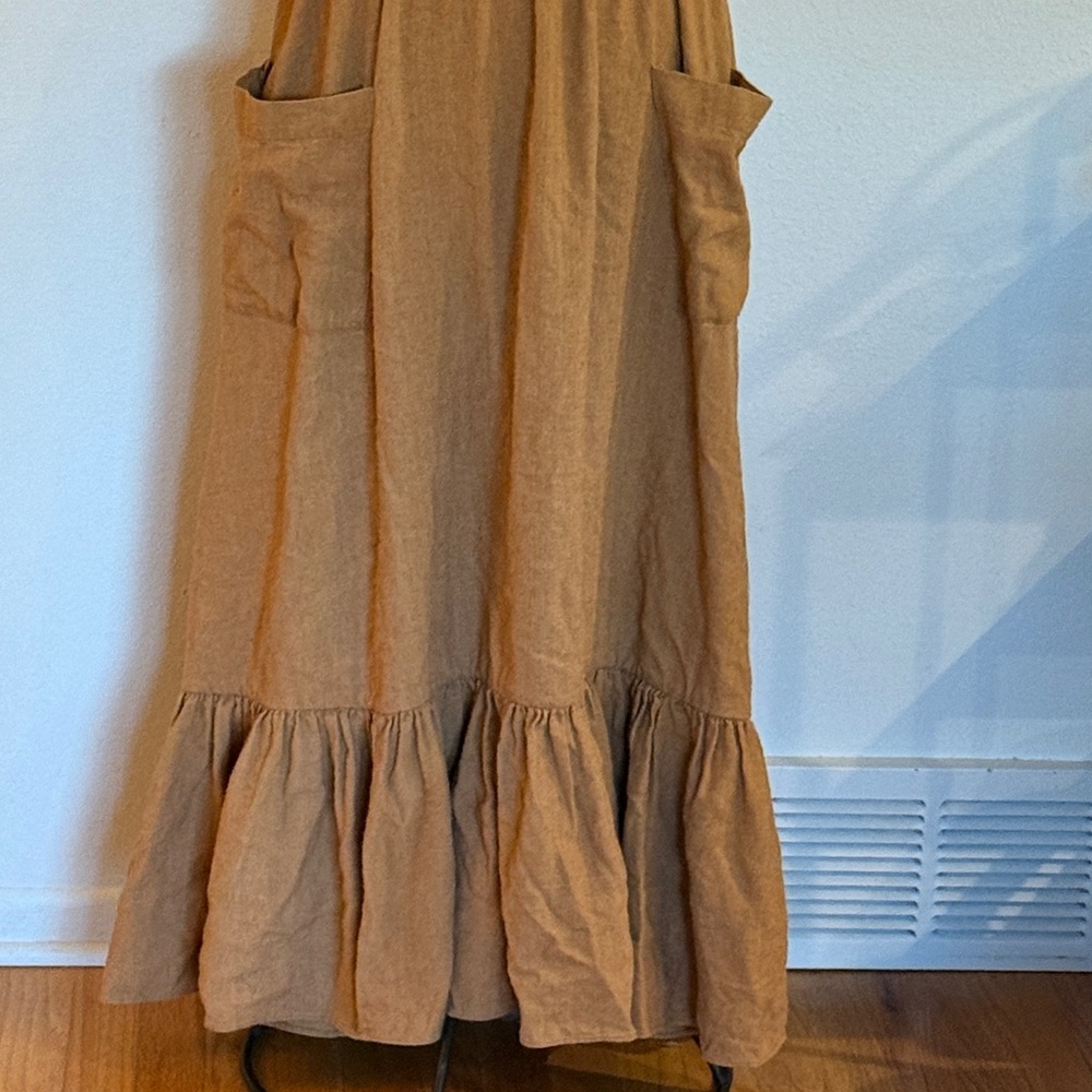Doen Pennisula Dress Pinafore Elegant Tan/Pumpkin color with Pockets ruffles VGC - Picture 3 of 14